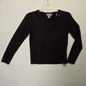 Designers Originals JRs Petite Small Black Knit Sweater V Neck Ring Accent Soft